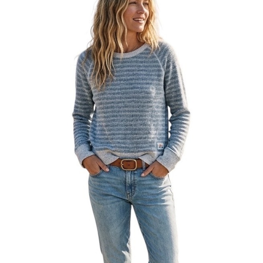 Faherty Womens XL Blue White Wave Textured Organic Cotton Raglan Sweatshirt